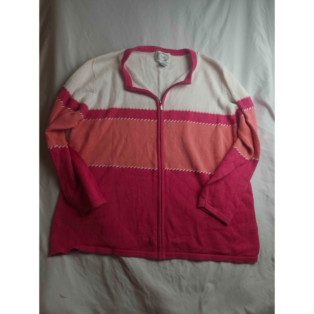 Stitches In Time Full Zip Sweater Womens Size 1X White Pink Knit Coastal Grandma